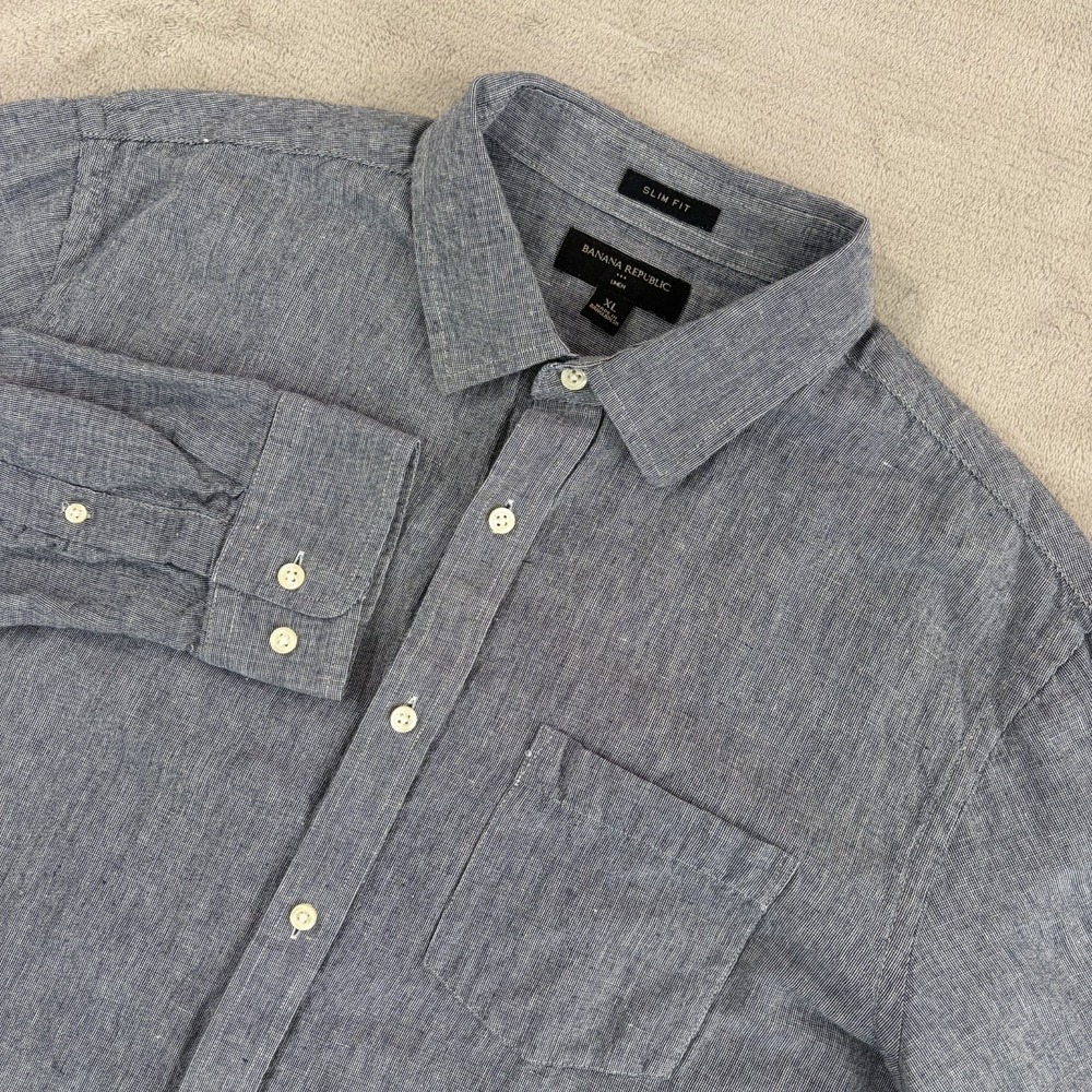 Banana Republic Slim Fit Linen Blend Chambray Pocket Shirt in Grey Men XL